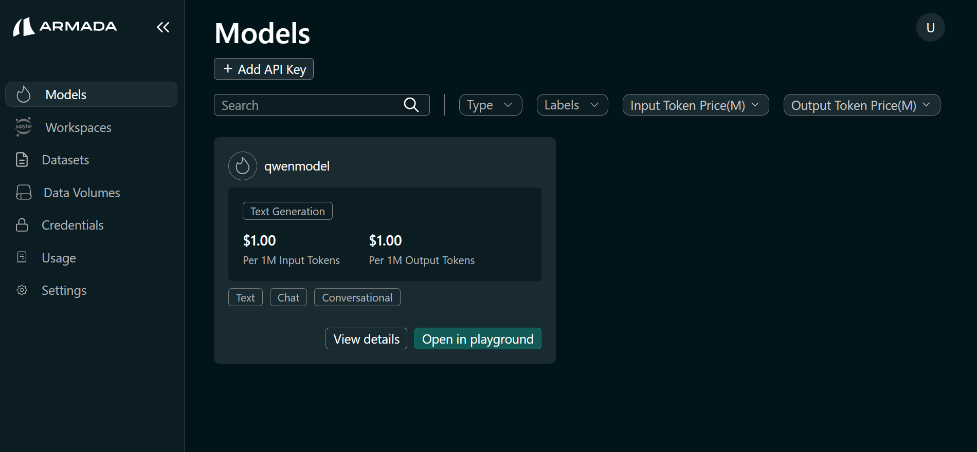 Models sidebar — Open in Playground
