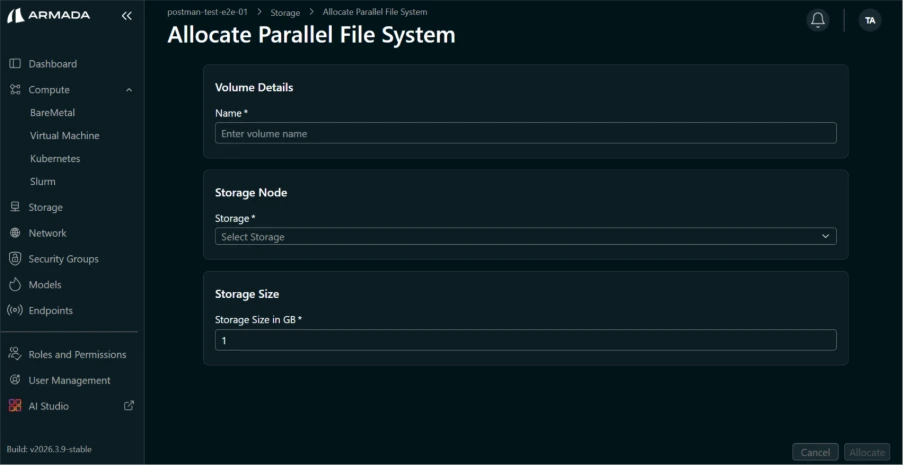 Allocate Storage form