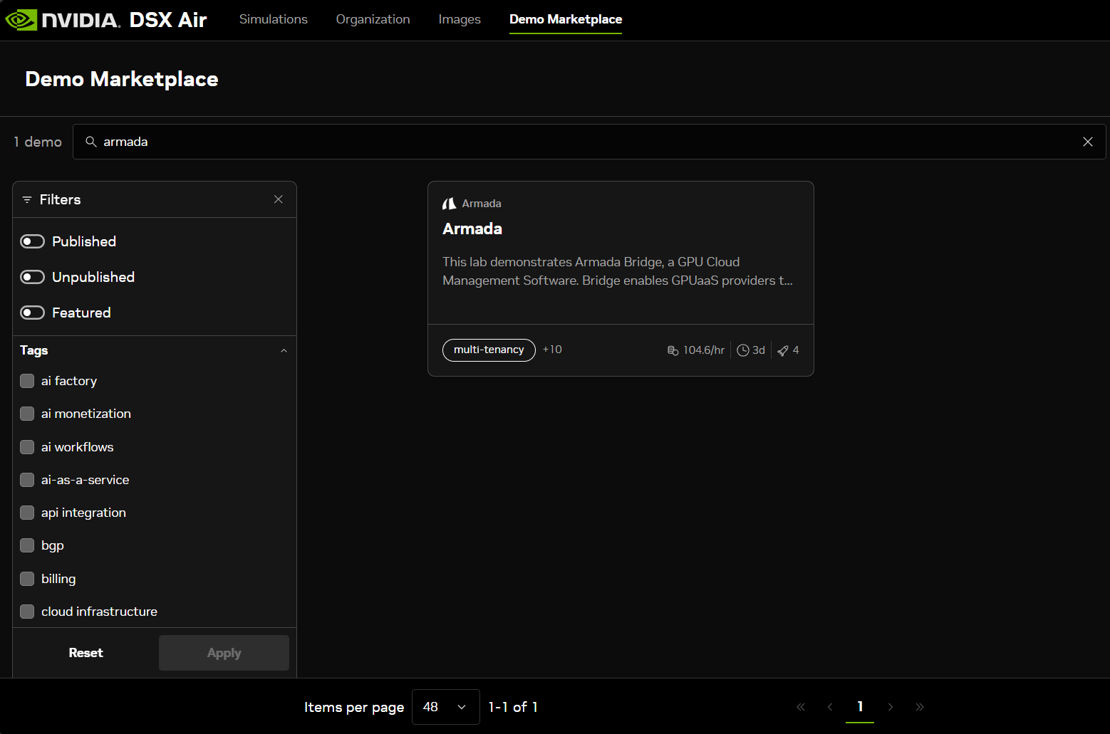 The Armada Bridge GPUaaS demo listed in the NVIDIA DSX Air Demo Marketplace
