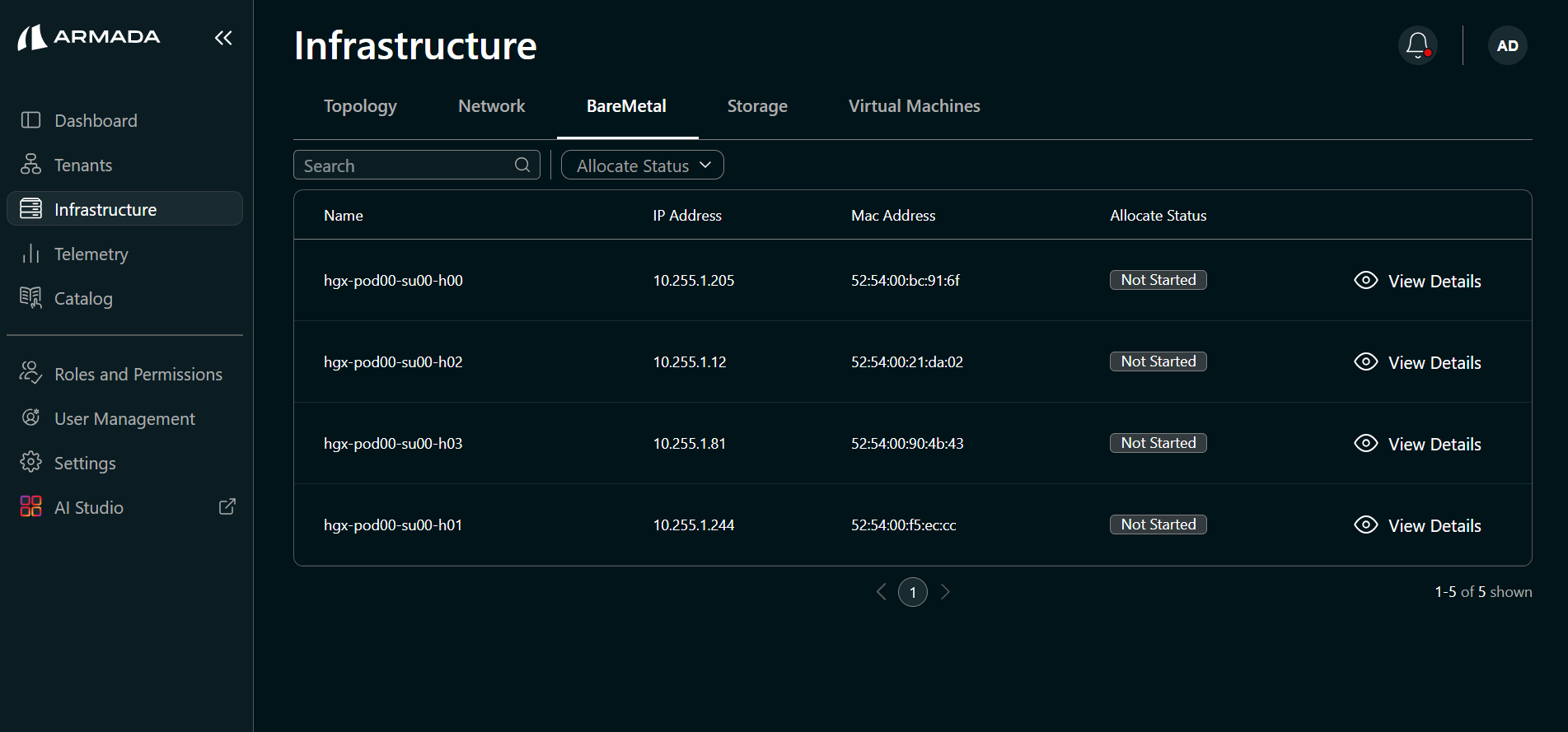 BareMetal tab — compute node list