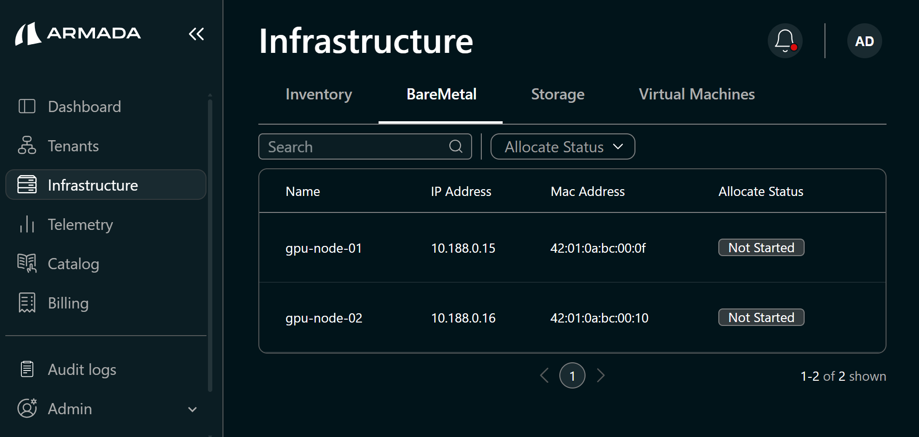Imported servers — Not Started state