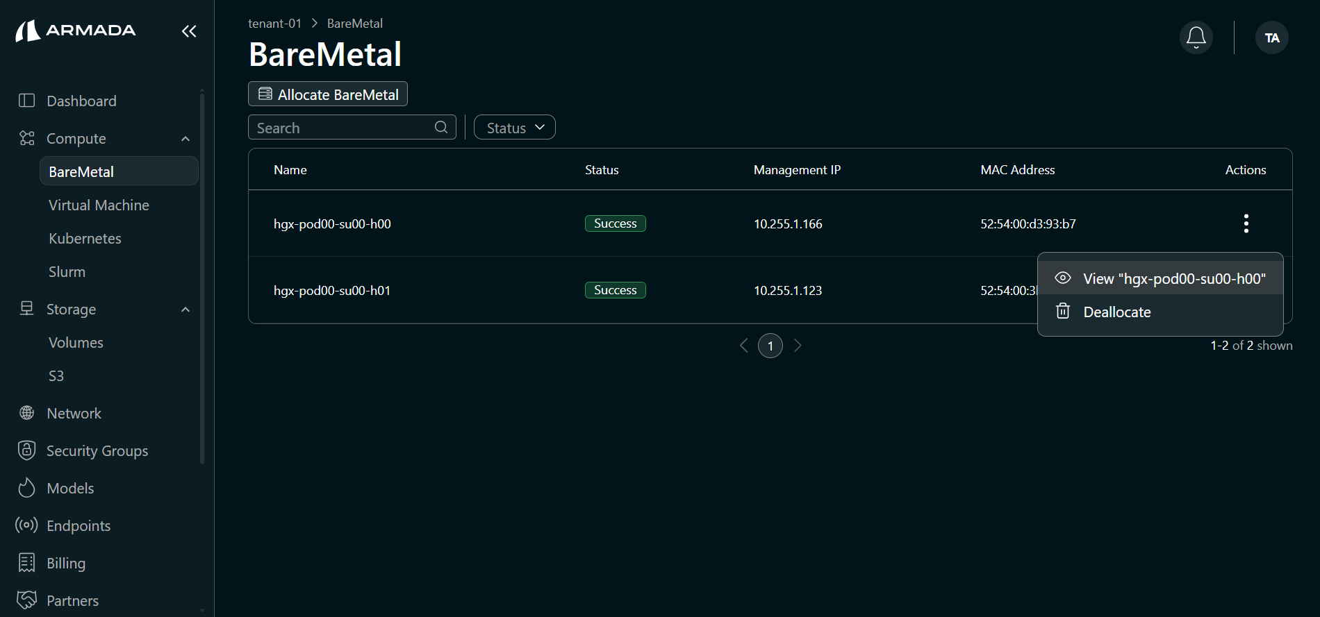 BareMetal view menu