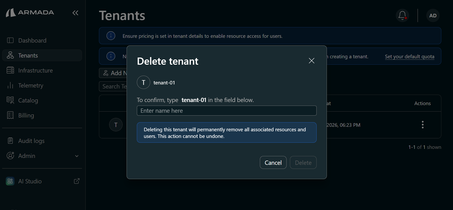 Tenant deletion confirmation