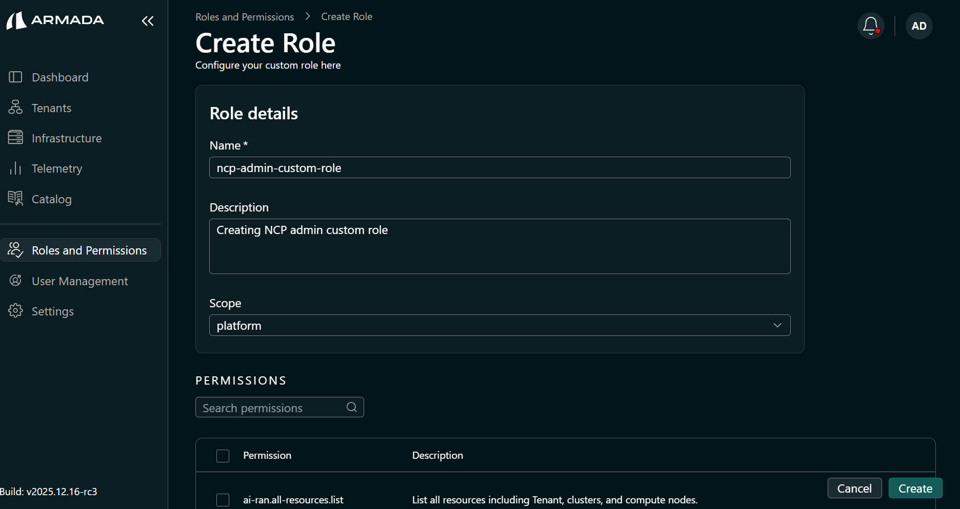 Create Role — details form