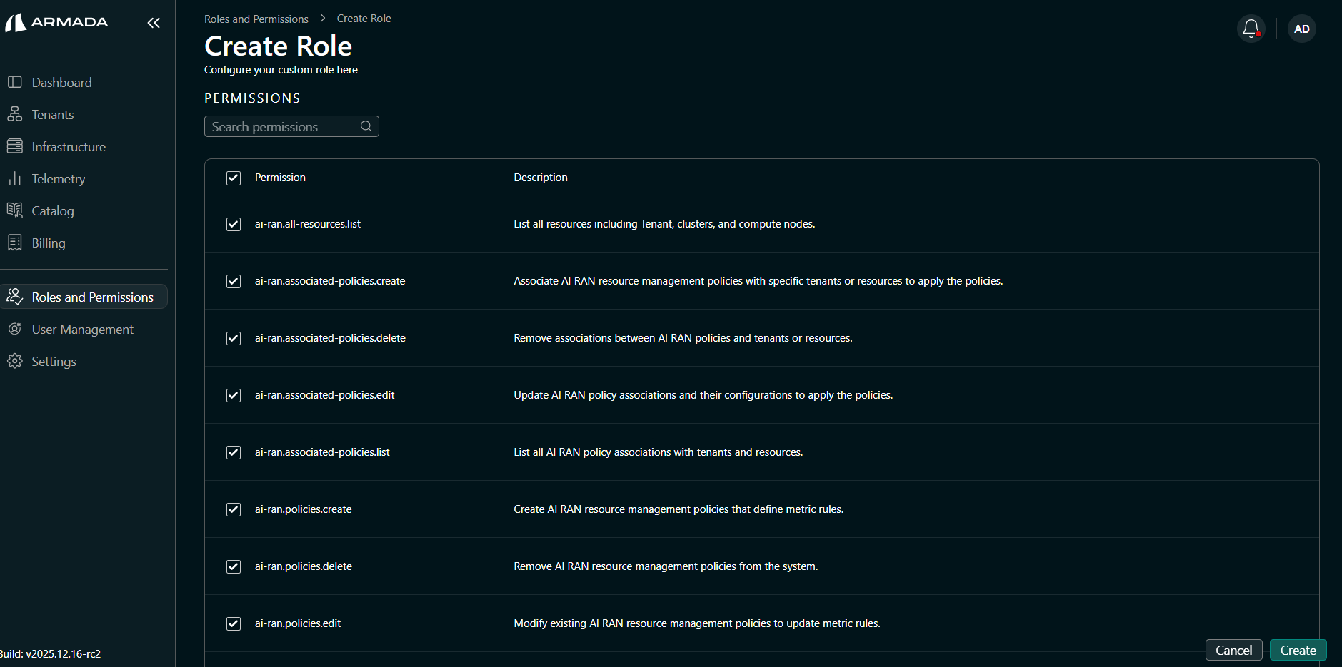 Create Role — permissions