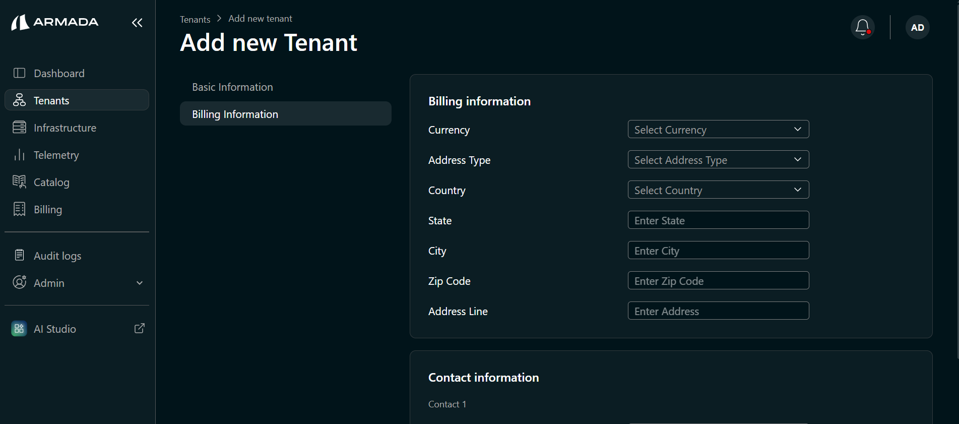 Billing and contact information
