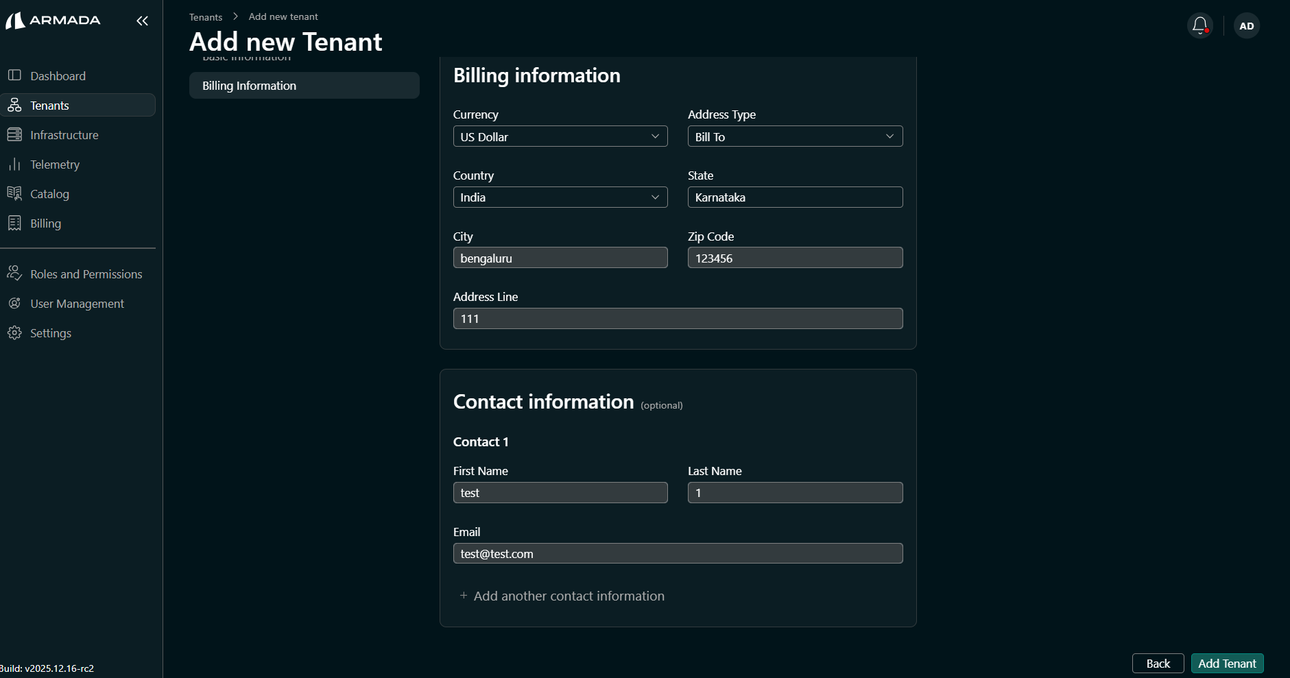 Billing and contact information