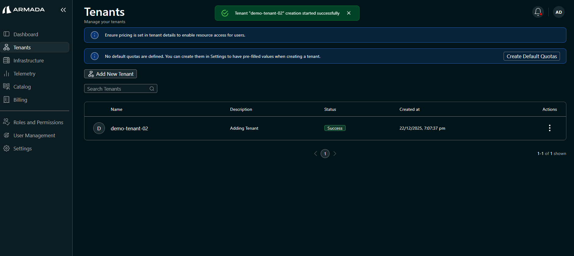 Add Tenant — billing submit