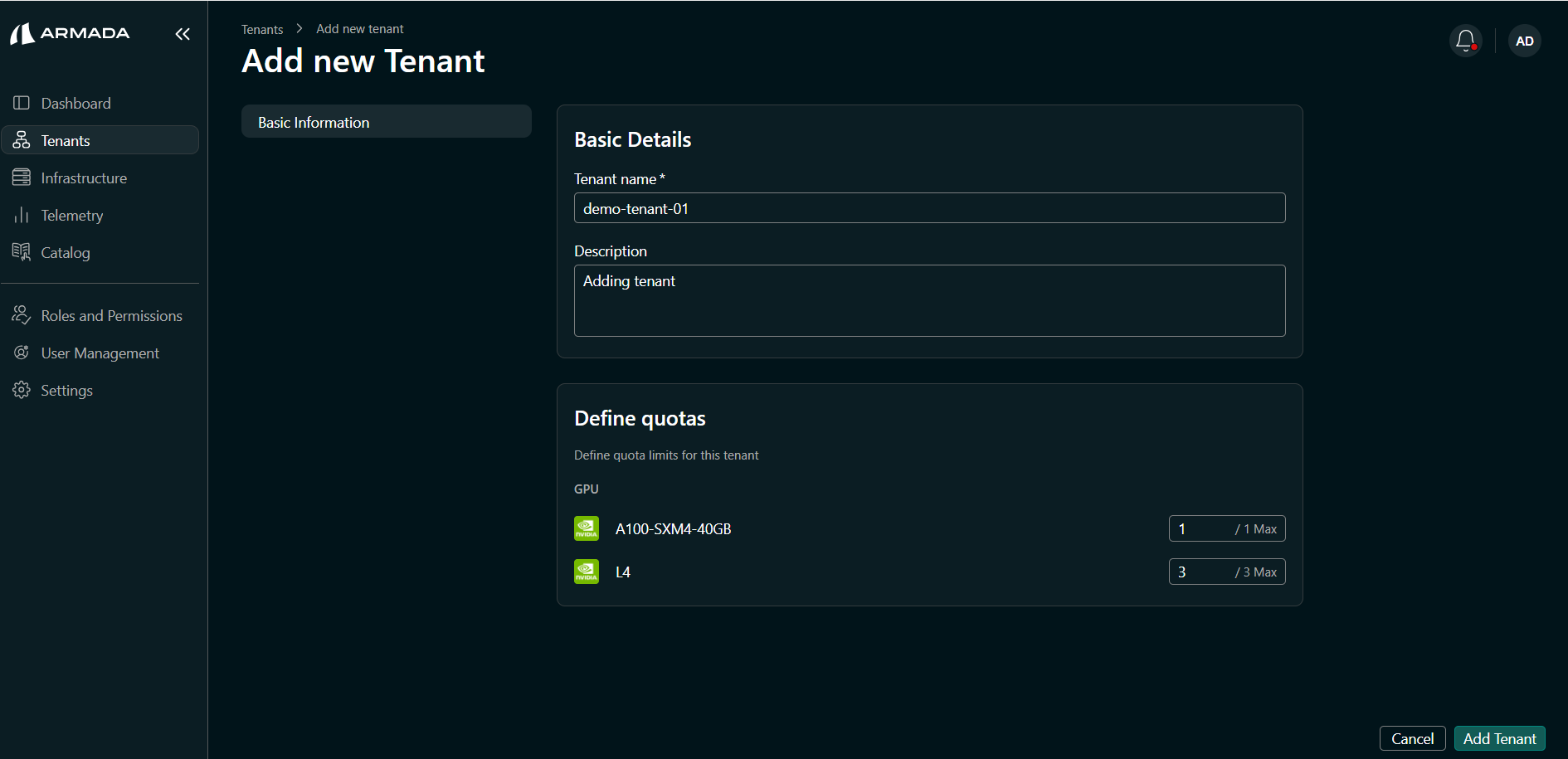 Tenant creation form