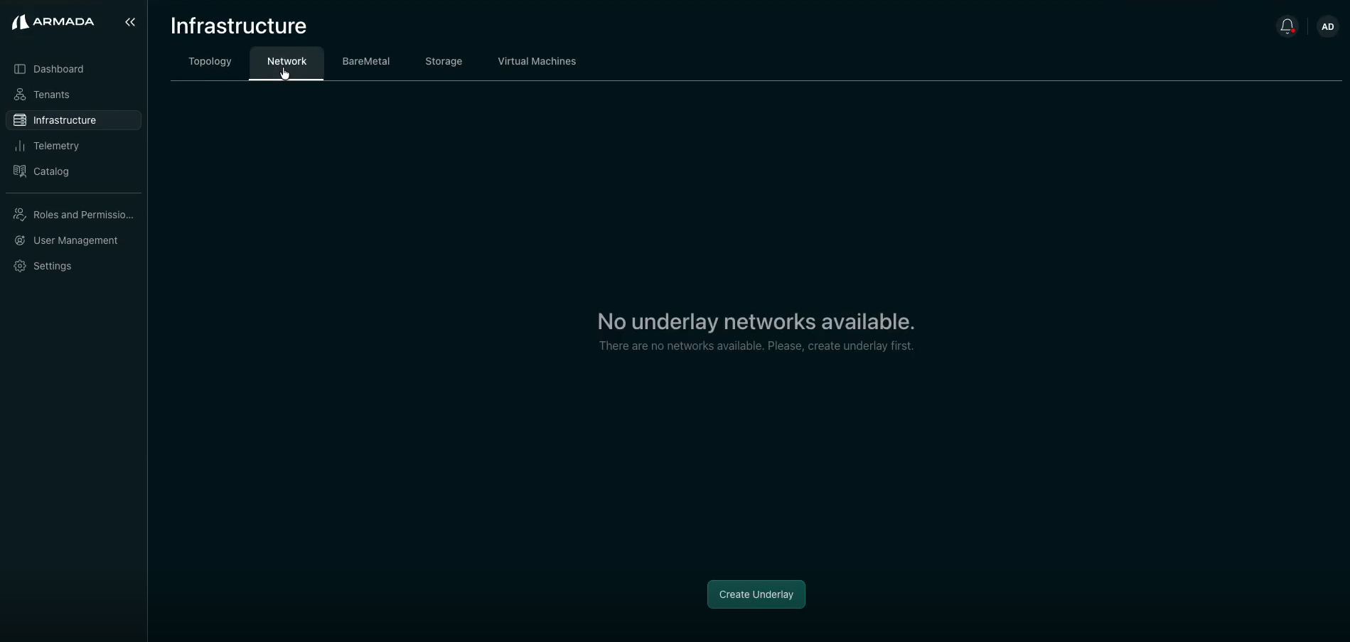 Network tab with Create Underlay button