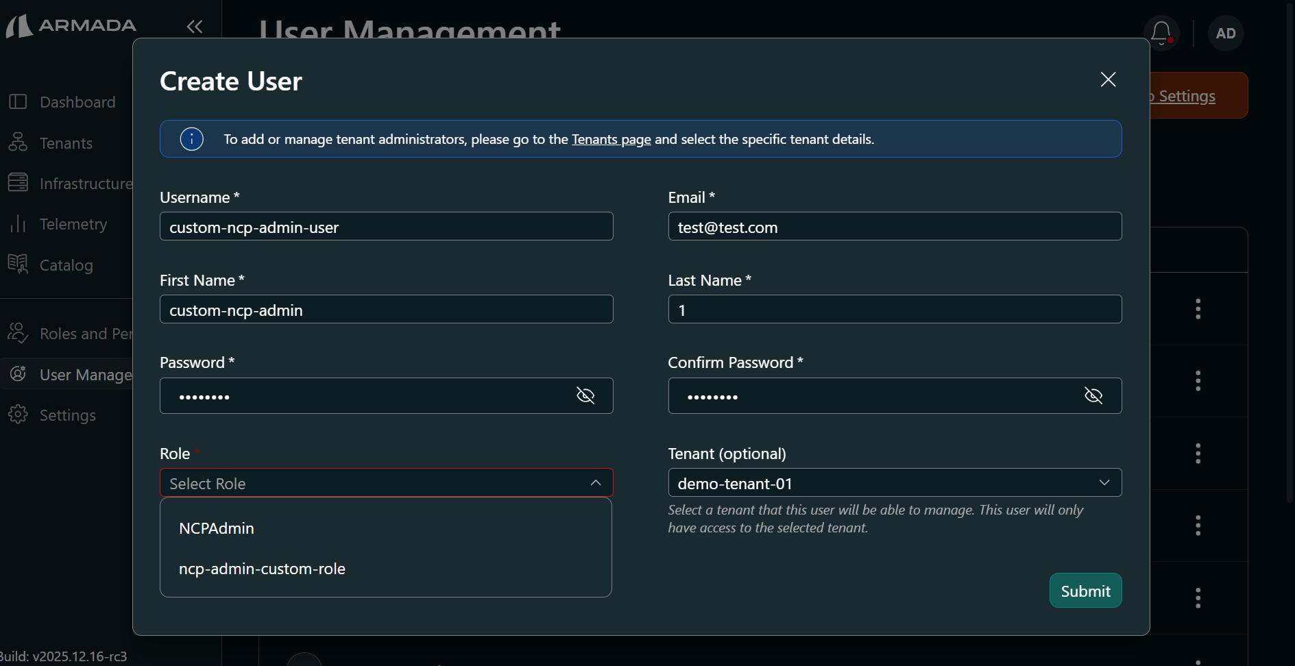 Create User — form with custom role