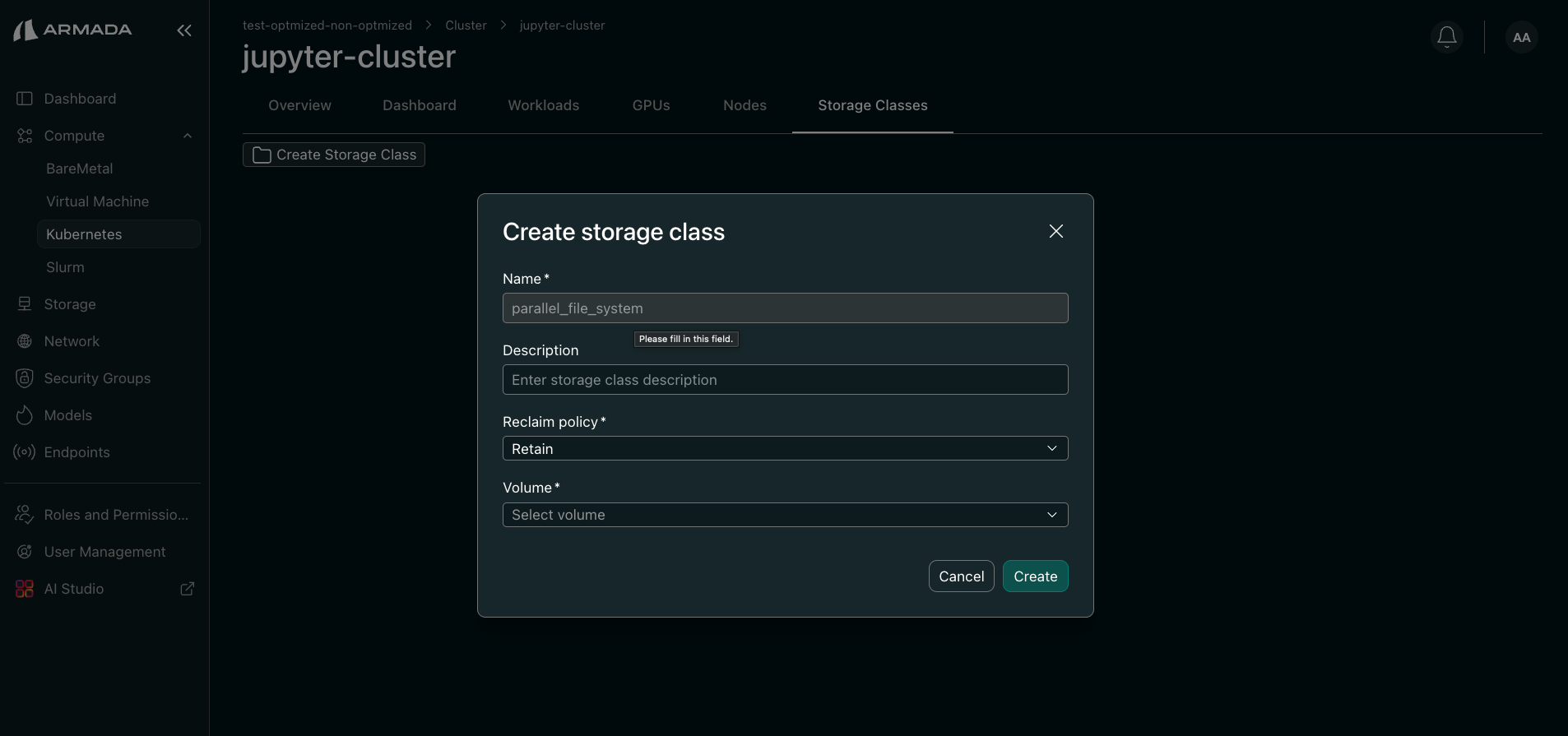Allocate Storage form