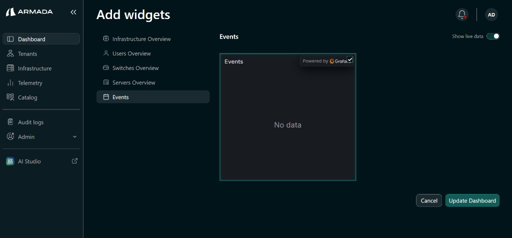 Dashboard — Add Events widget