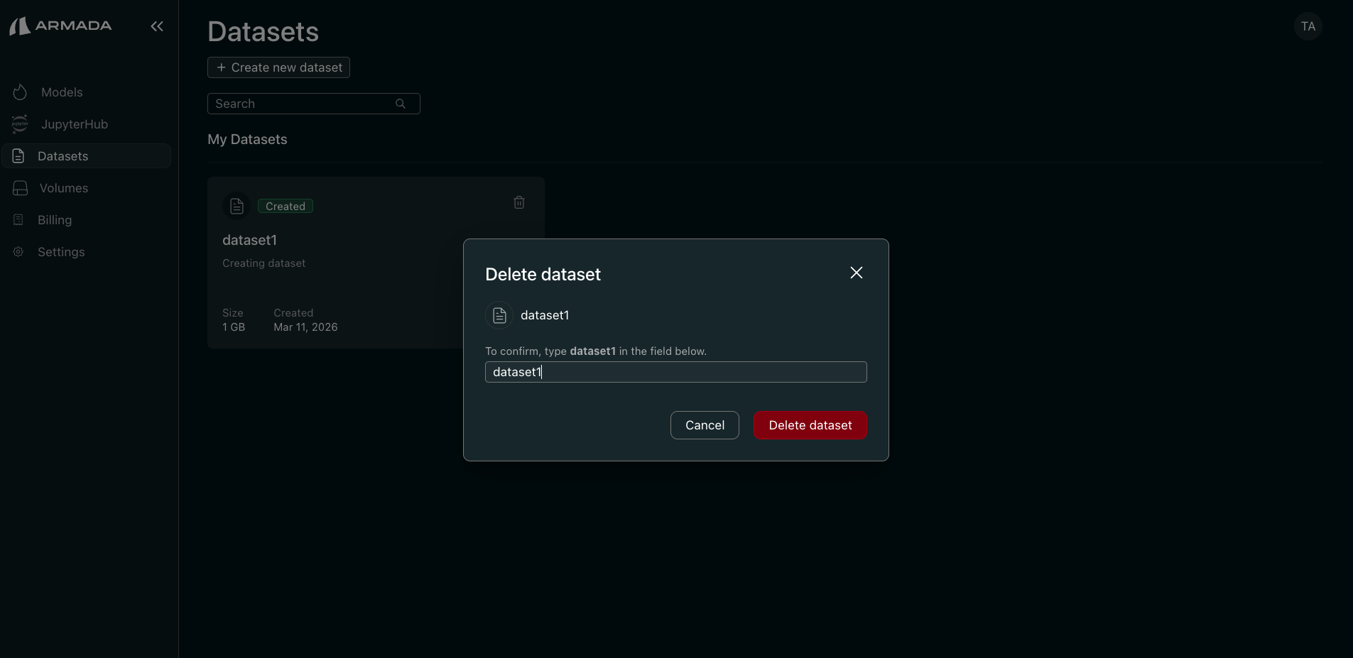 Confirm dataset deletion