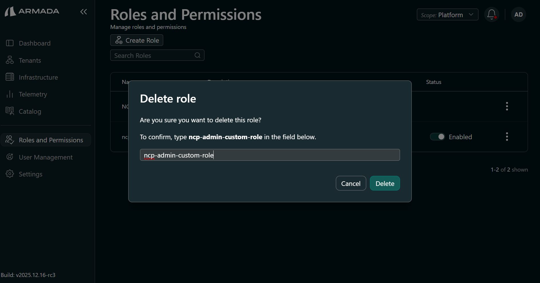 Delete role — confirmation dialog