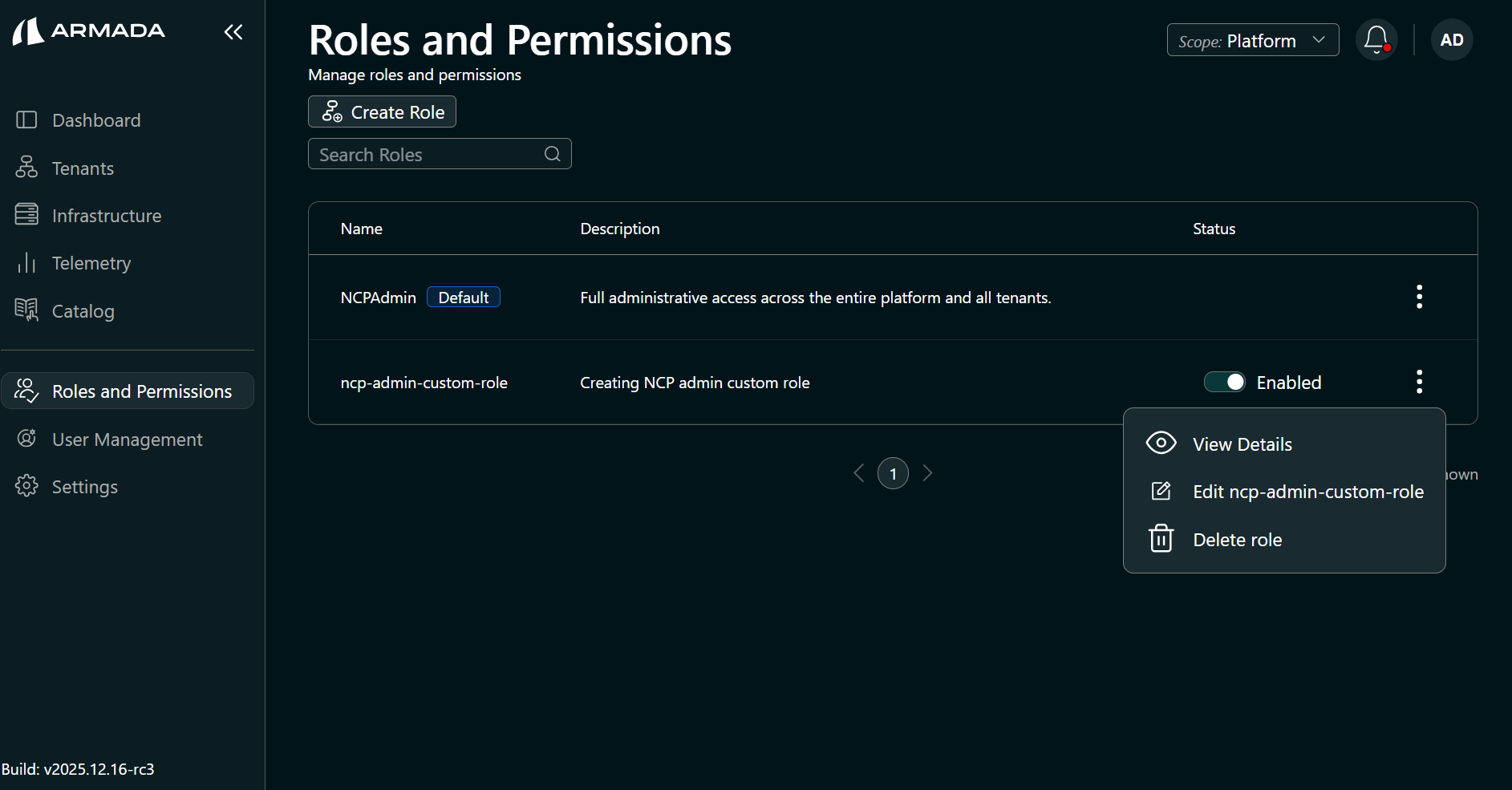 Delete role — menu option
