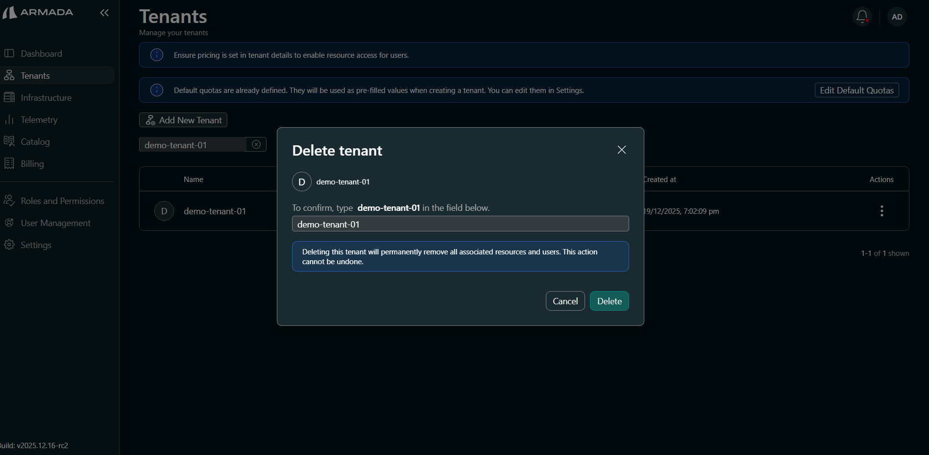 Tenant deletion confirmation