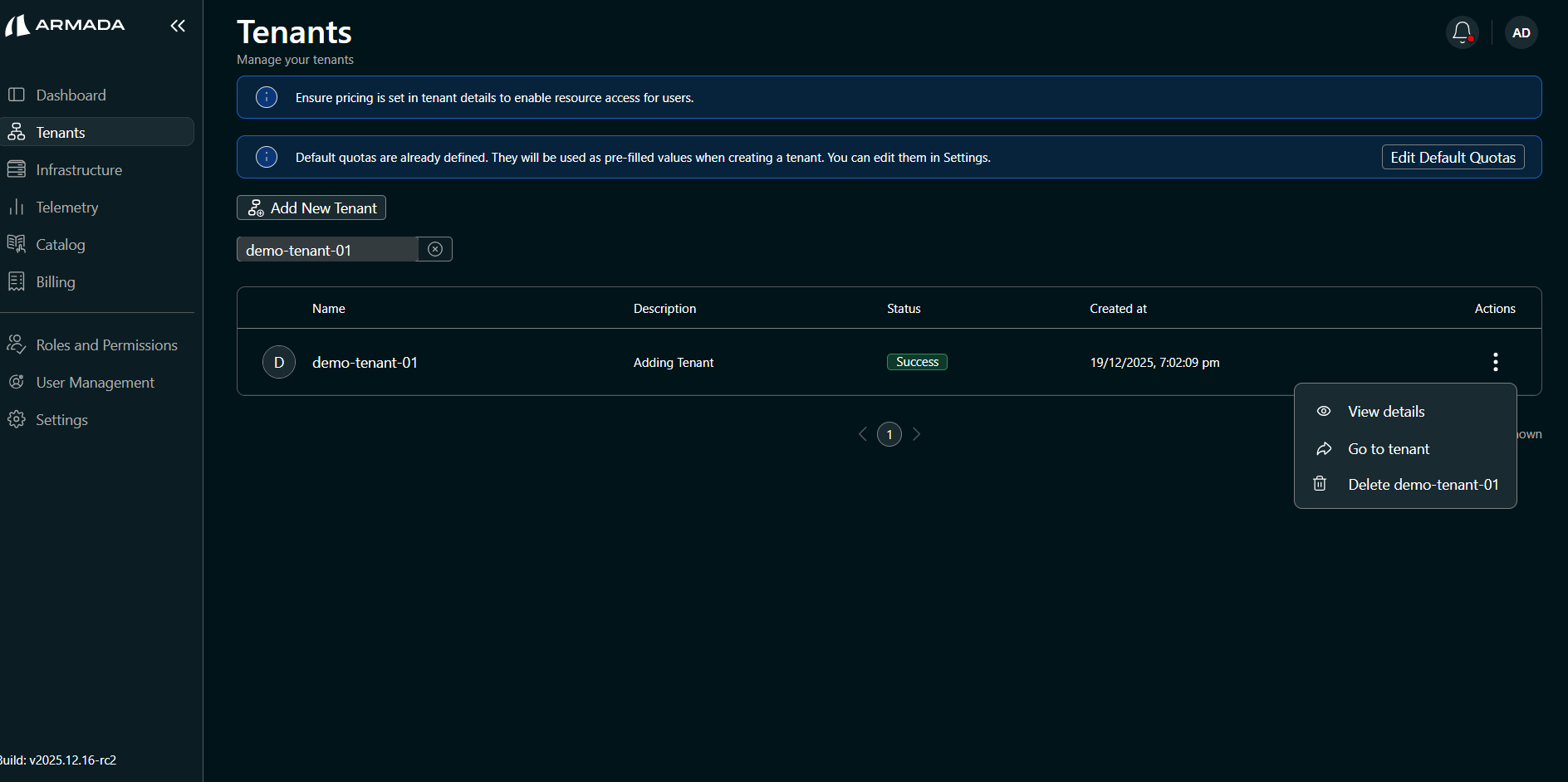 Tenant list — delete icon
