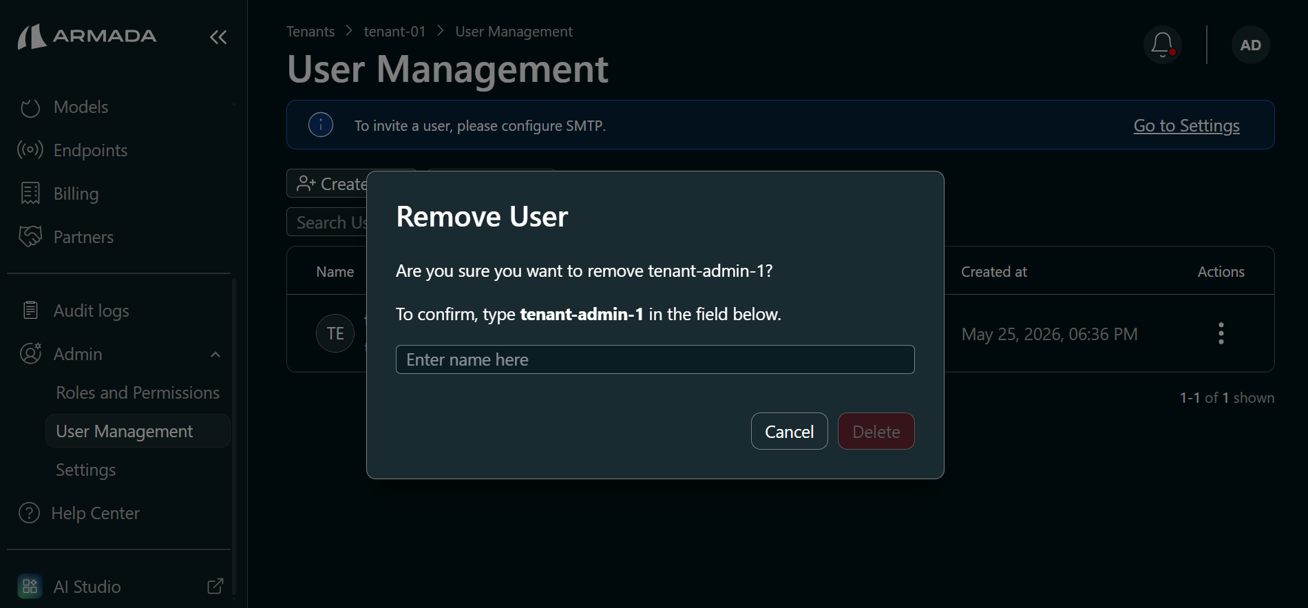Delete user confirmation