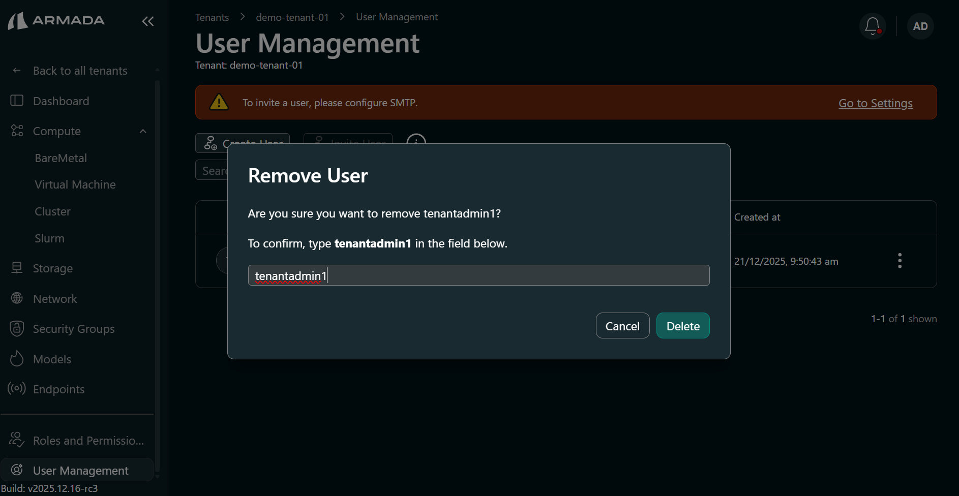 Delete user confirmation