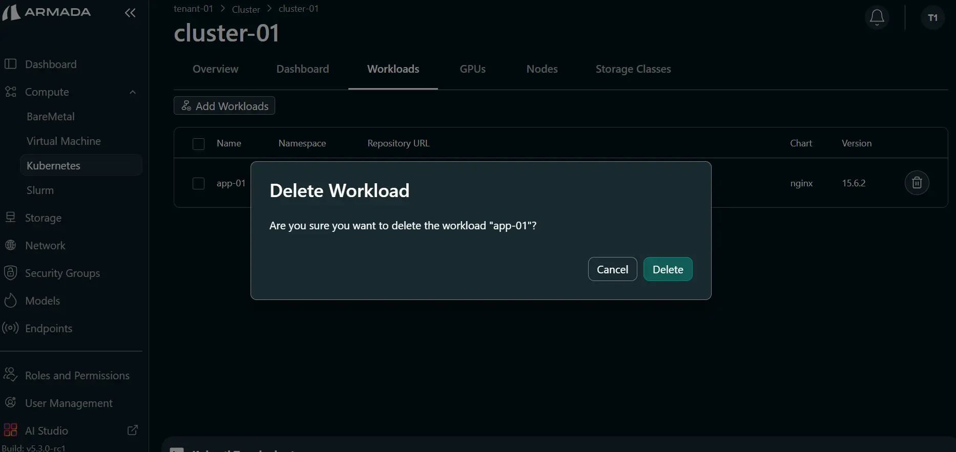 Delete Application Pop Up