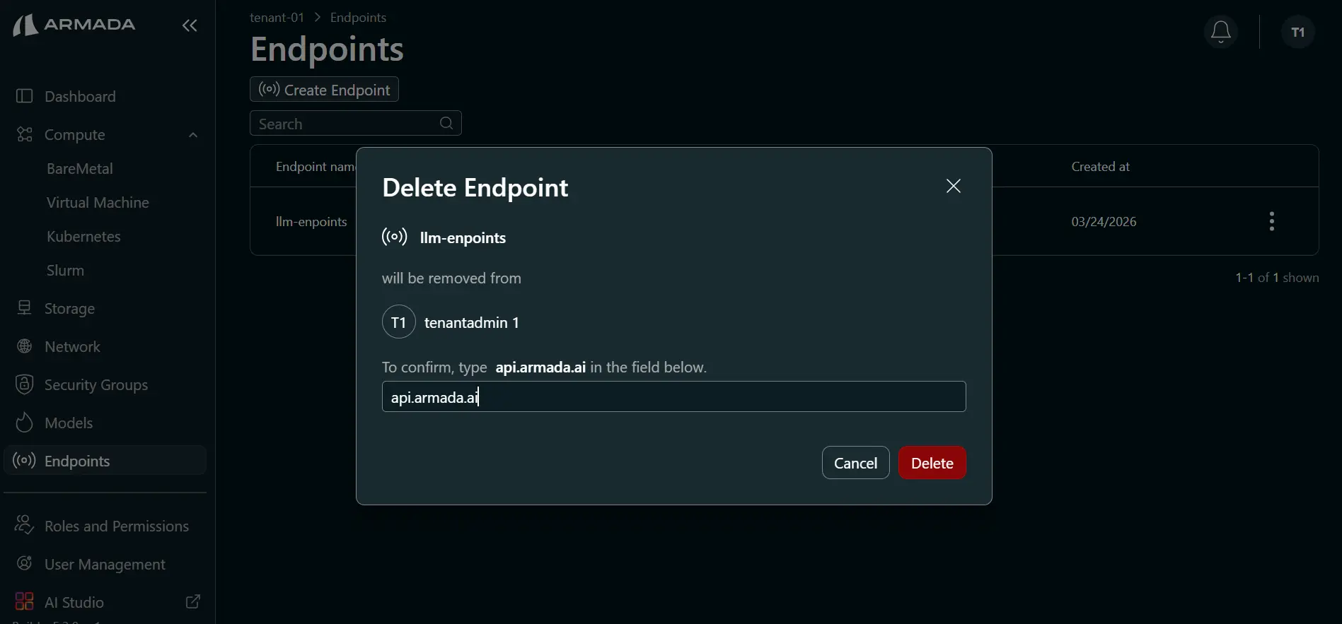 Delete Endpoint Pop Up