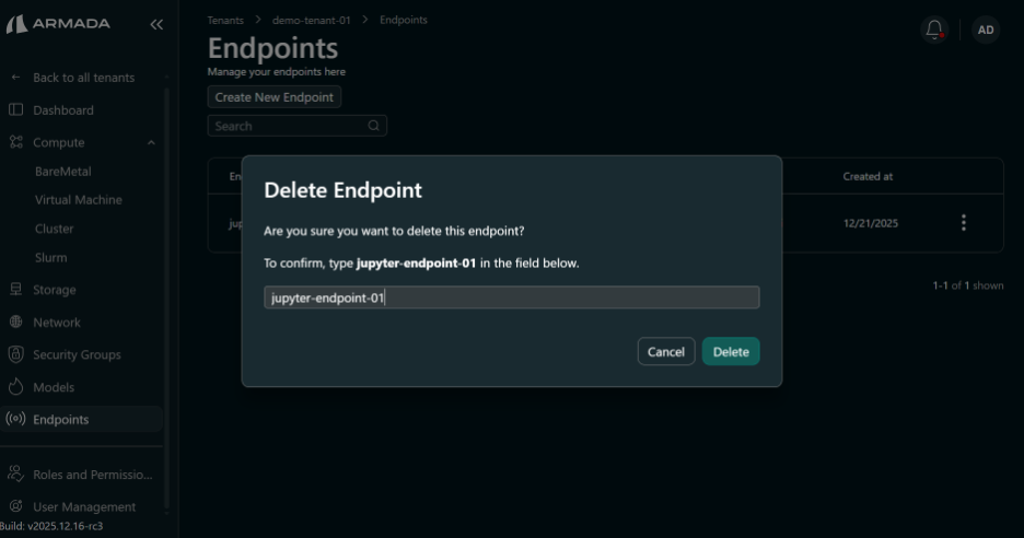 Delete Endpoint Pop Up