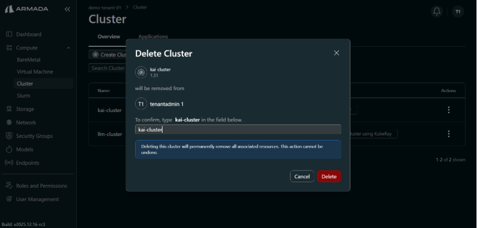 Delete Cluster Pop Up