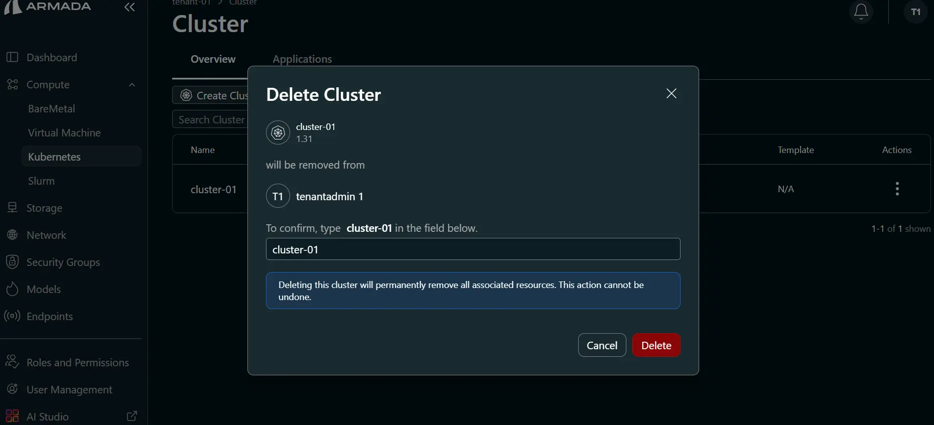 Delete Cluster Pop Up