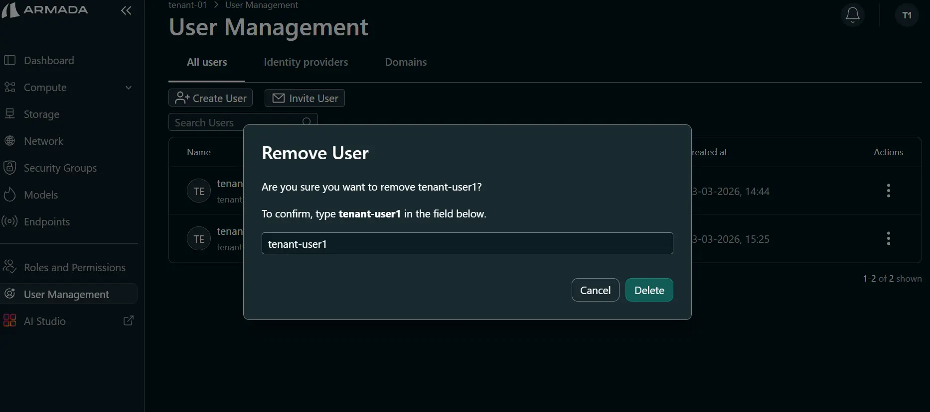 Delete User Pop Up