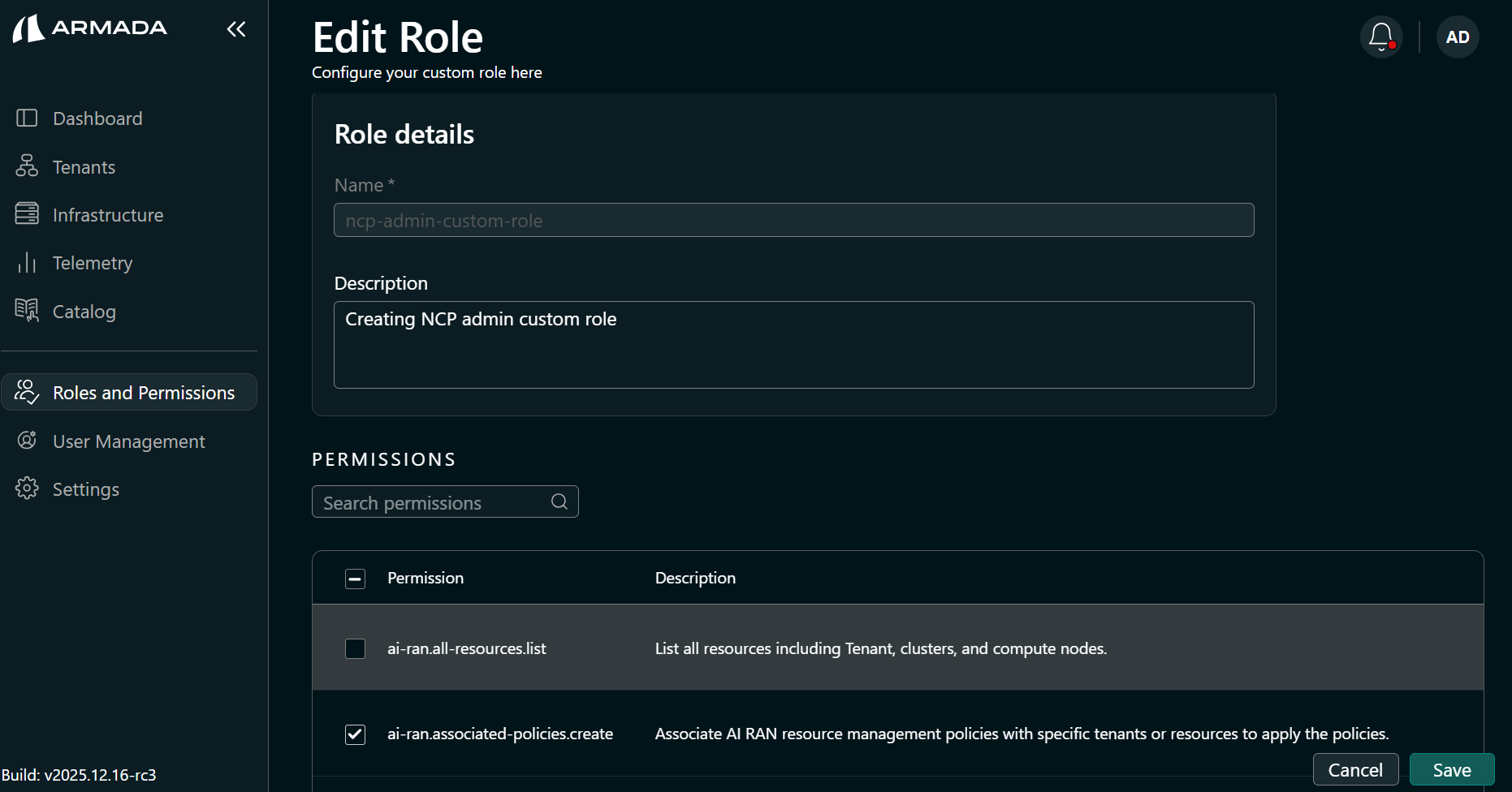Edit role — add permissions