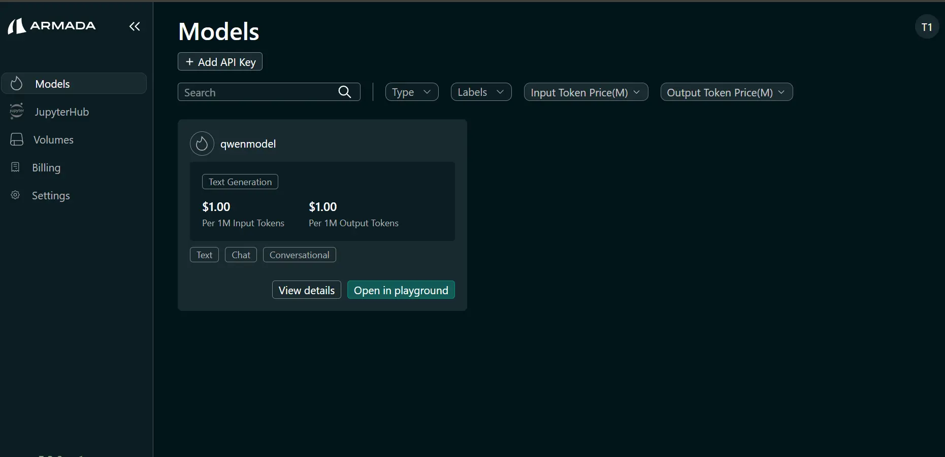 Models sidebar — Open in Playground