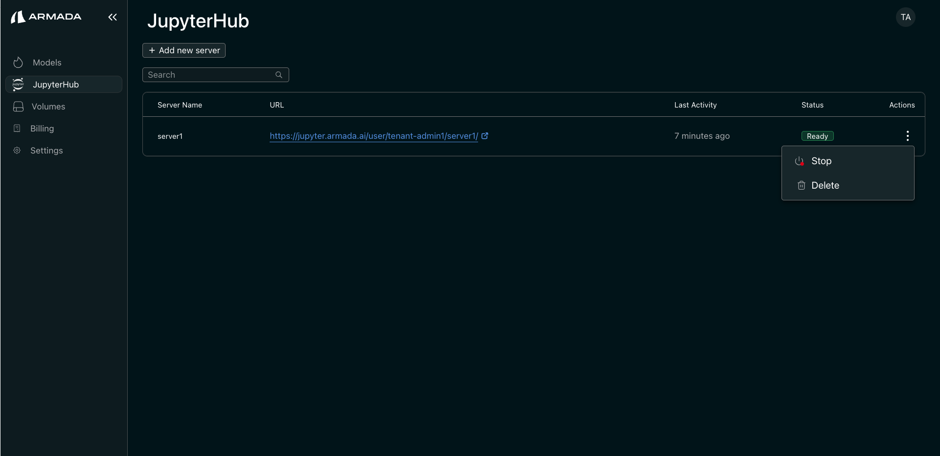 JupyterHub server list with delete option