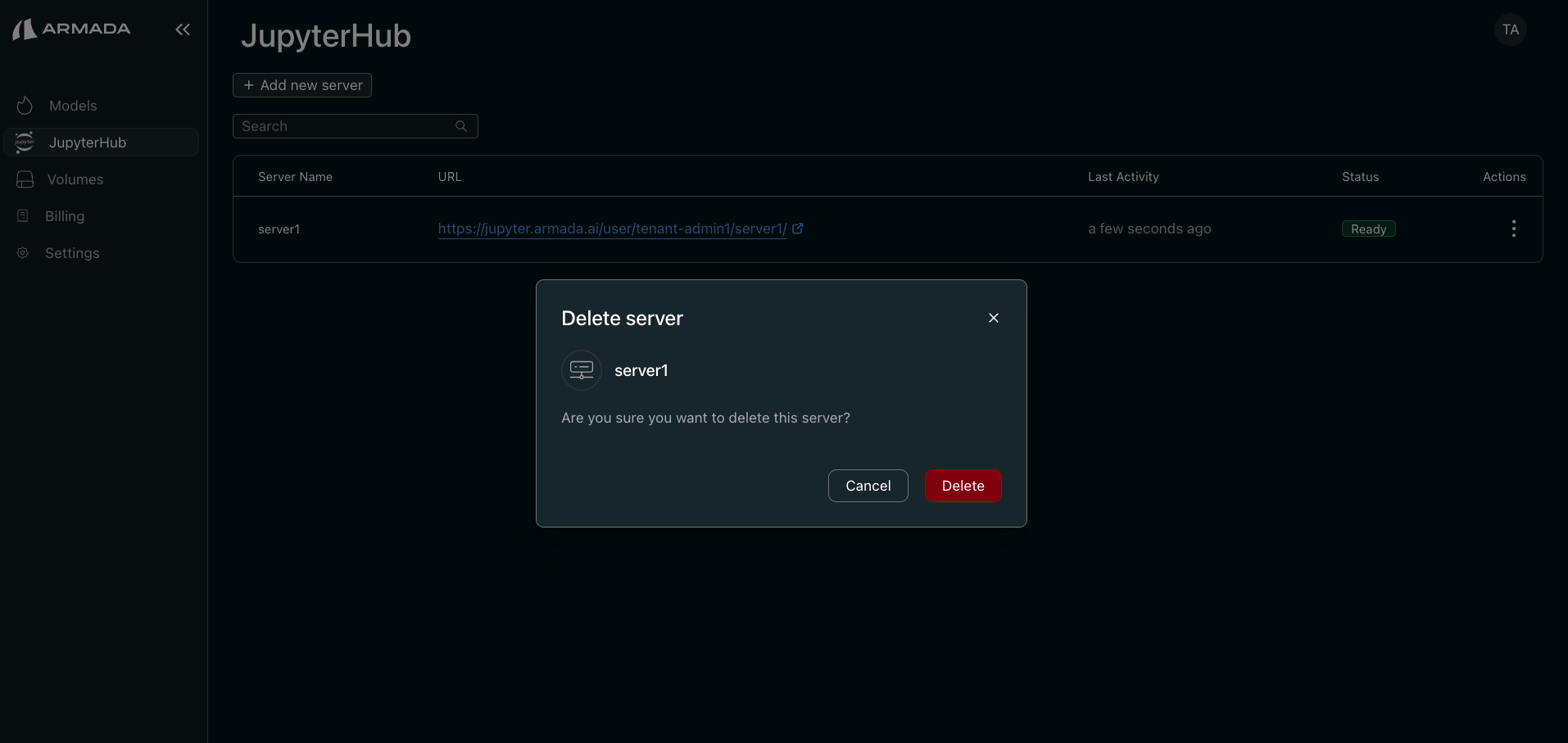 Confirm JupyterHub server deletion
