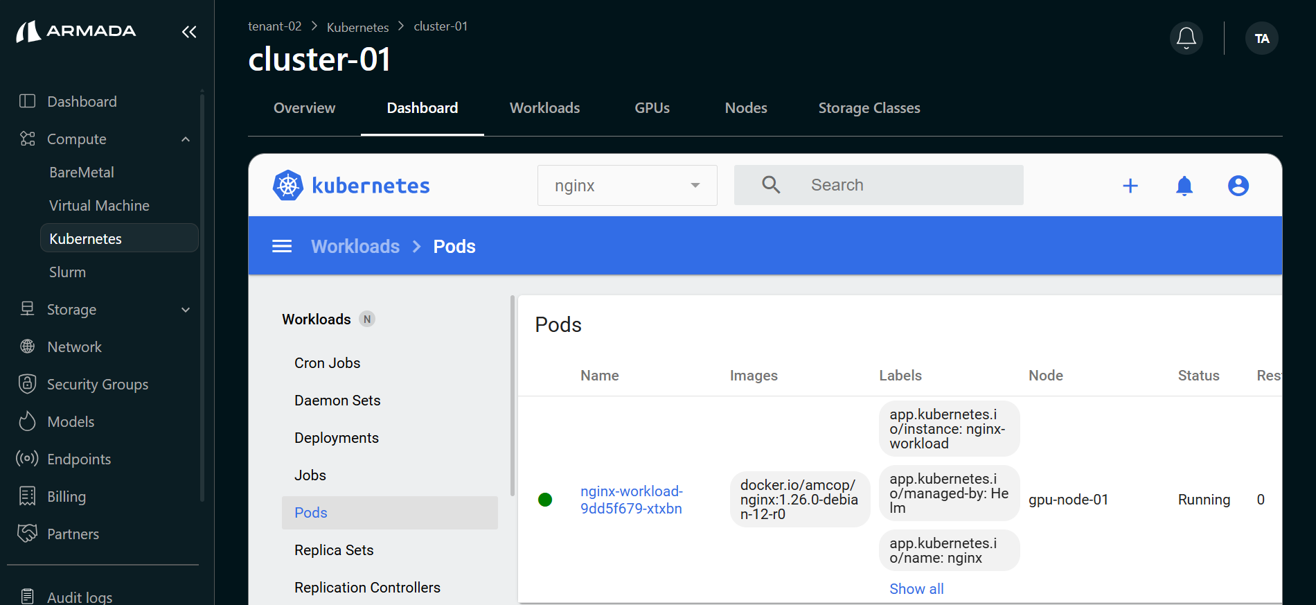 Application status in Kubernetes dashboard