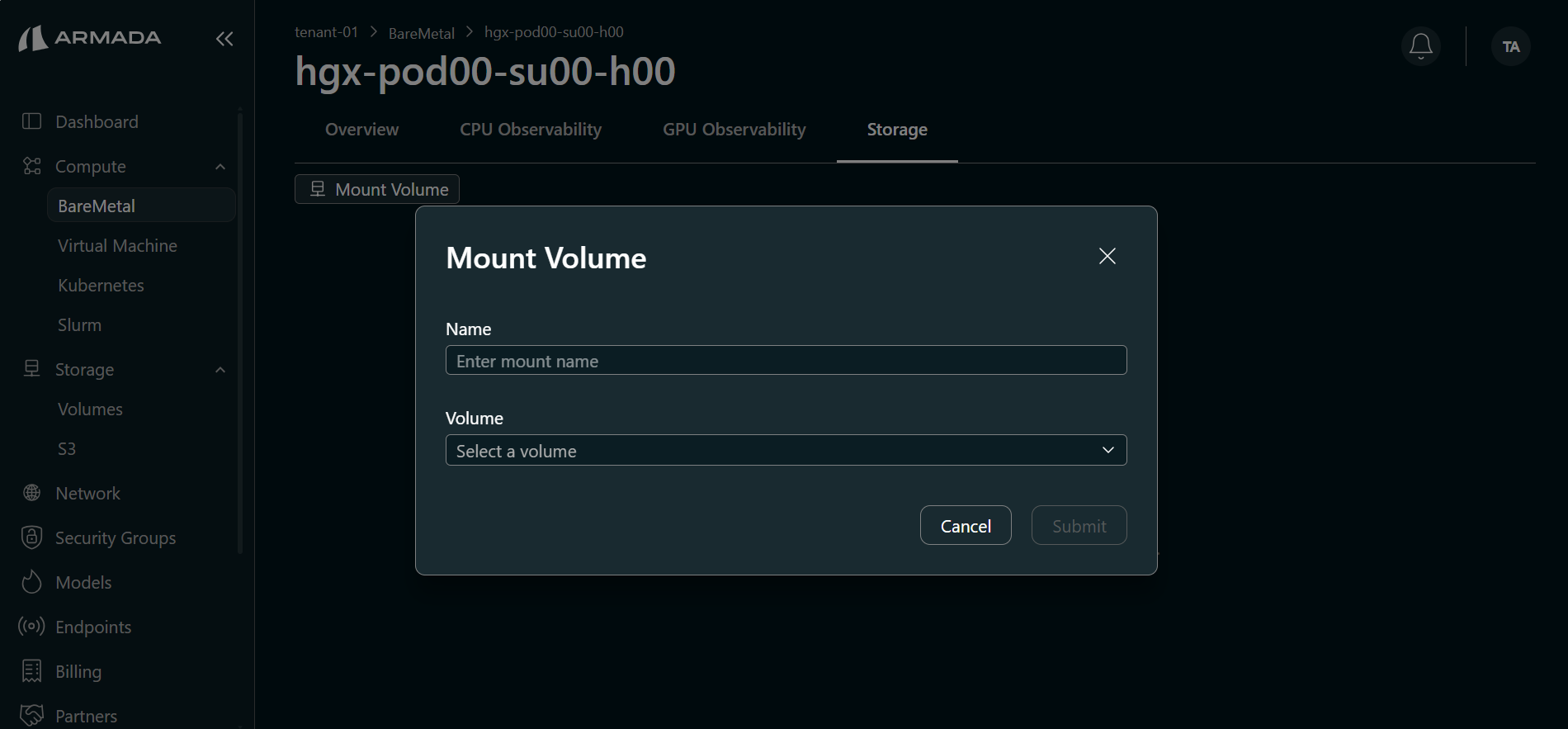 Mount volume modal