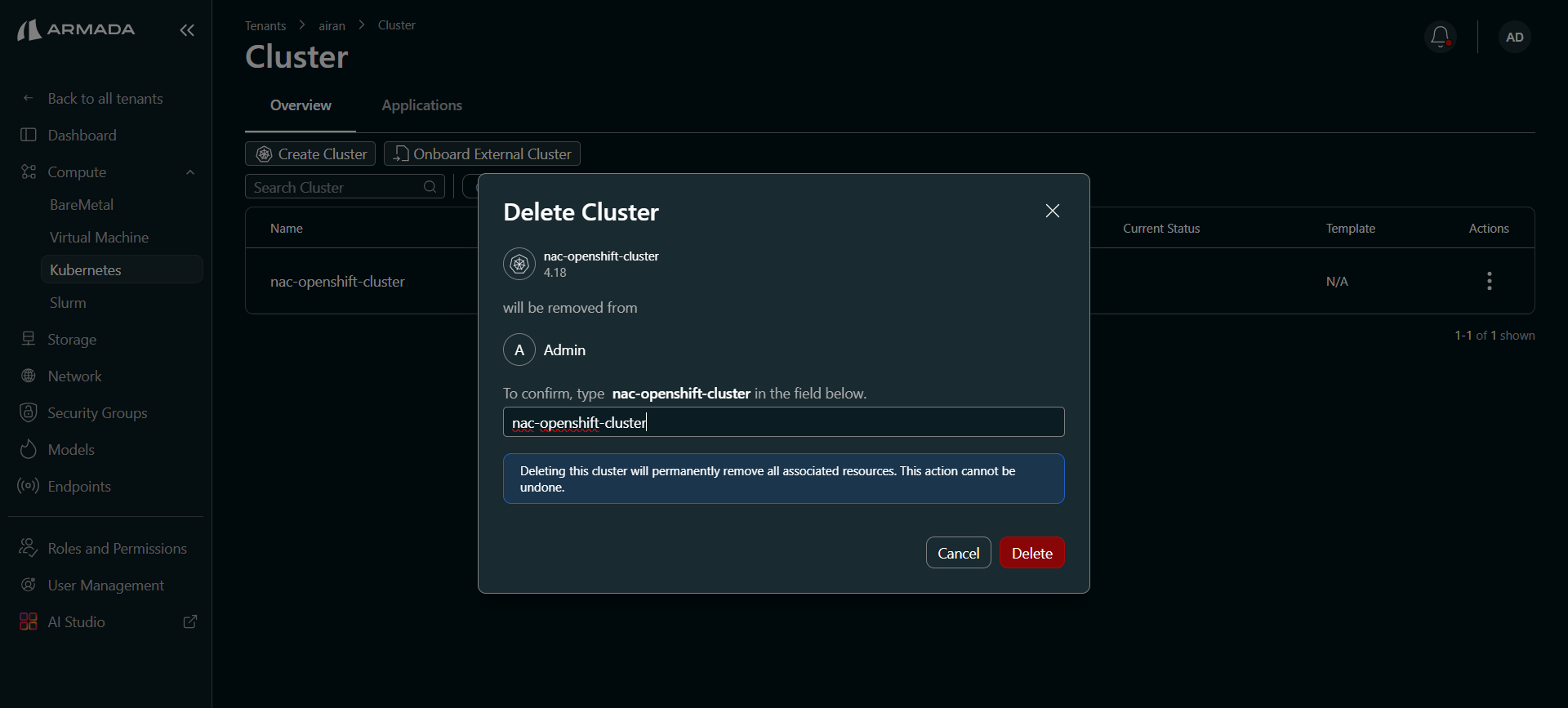 Delete cluster confirmation dialog