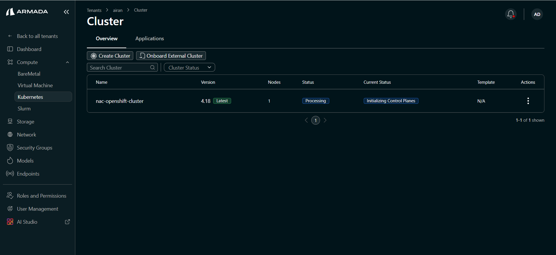 Cluster list — Initializing Control Plane status