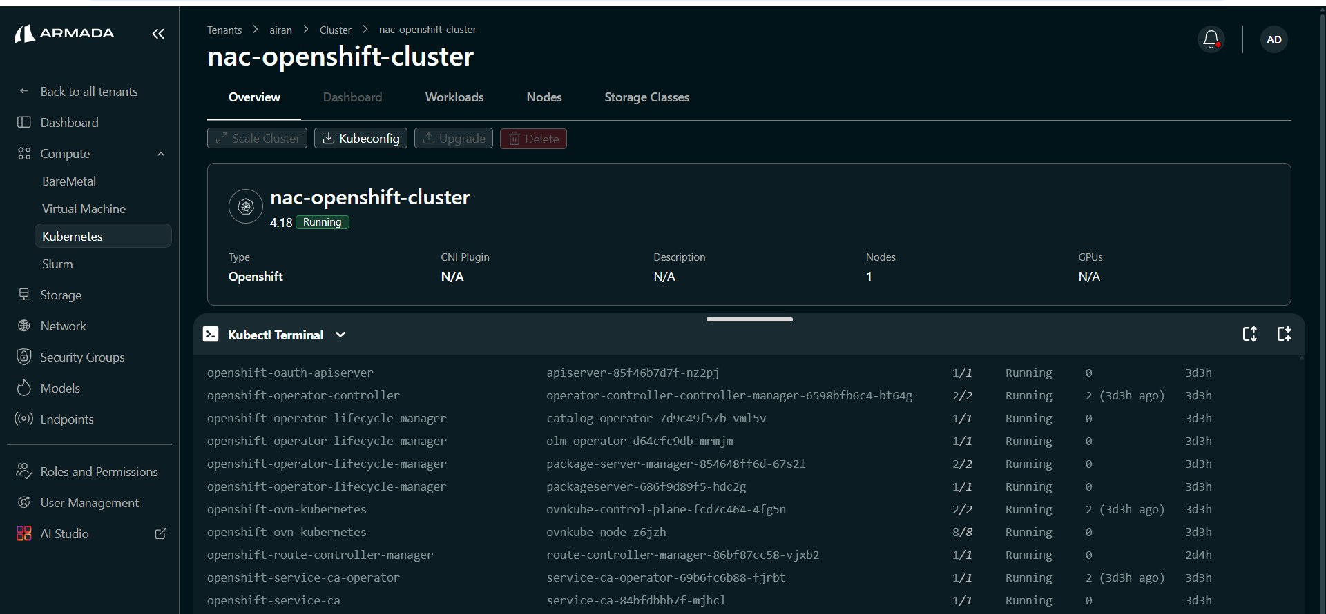 OpenShift cluster — Kubectl Terminal with running pods