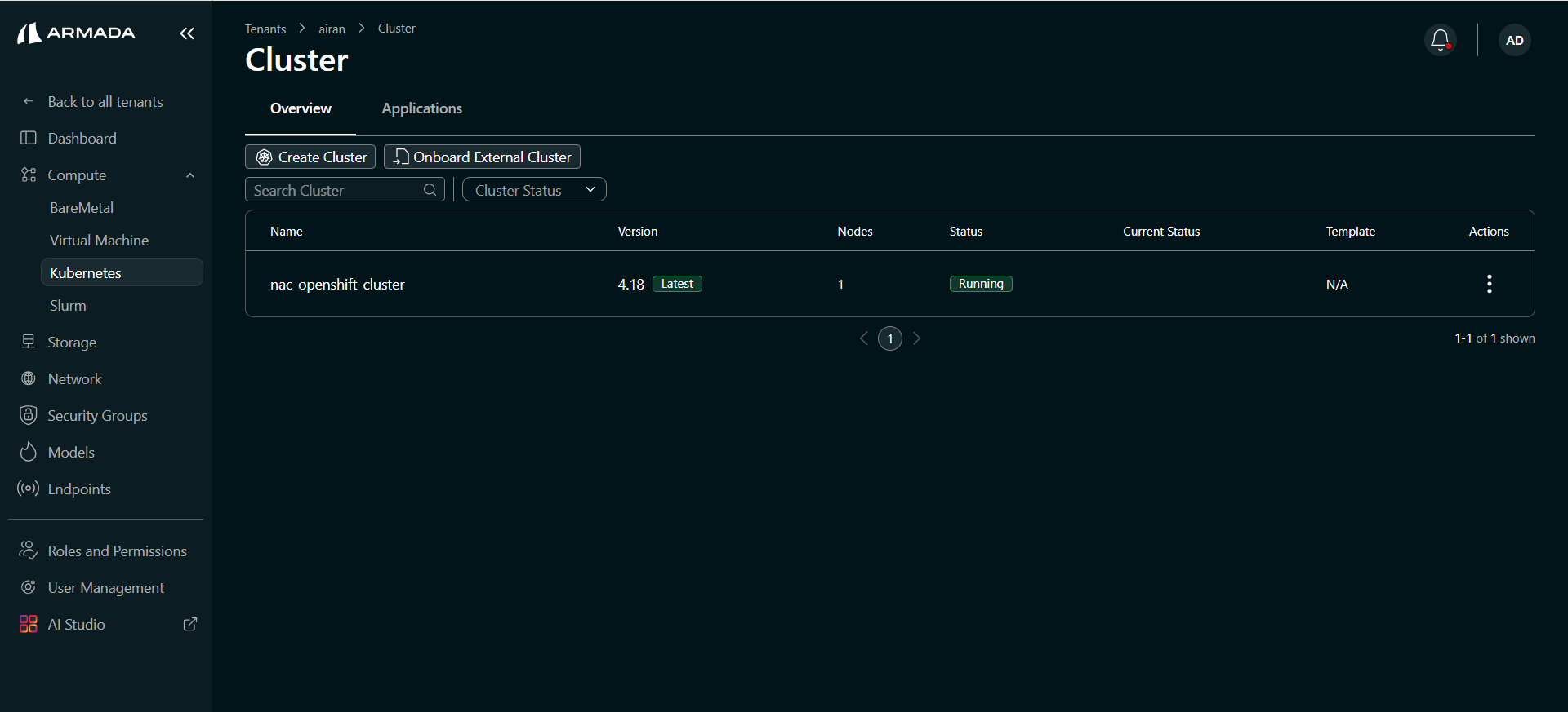 Cluster list — Running status