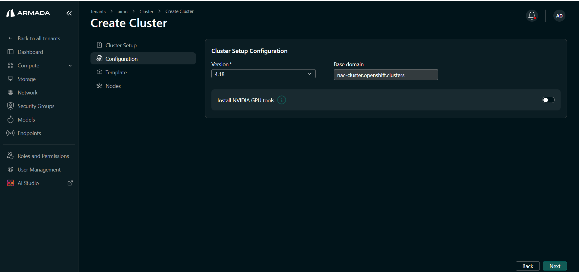 OpenShift cluster configuration — version, base domain, and GPU tools