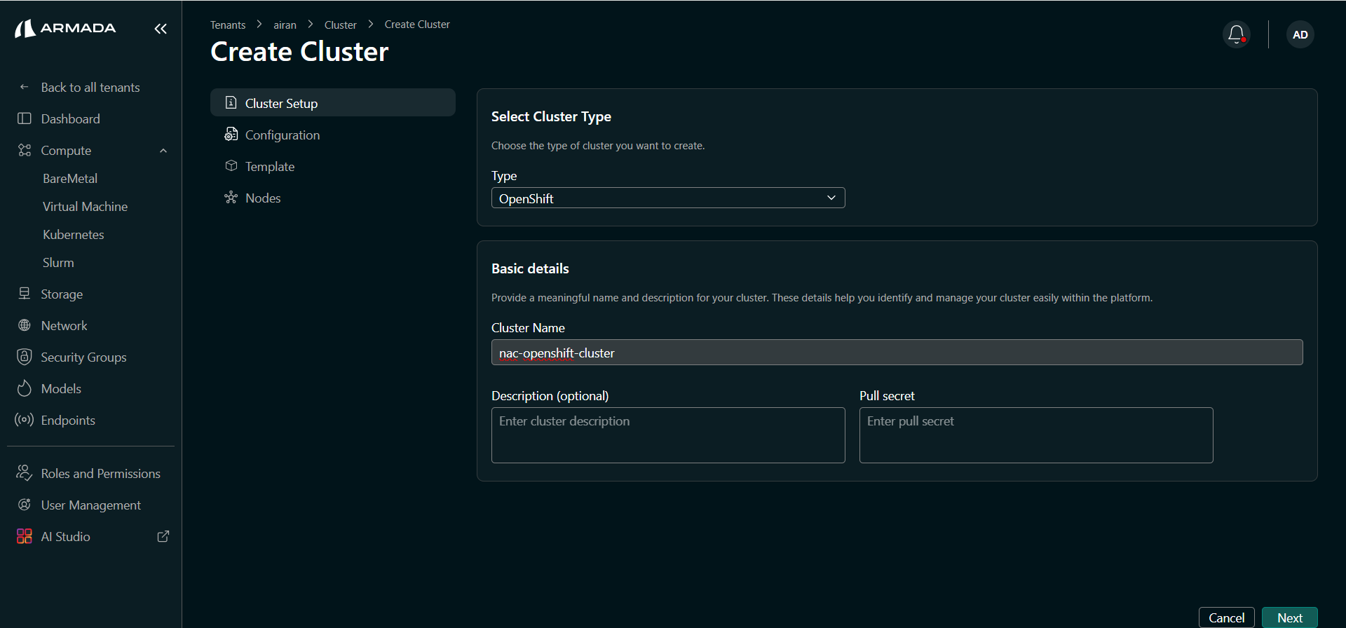OpenShift cluster setup — type, name, and pull secret