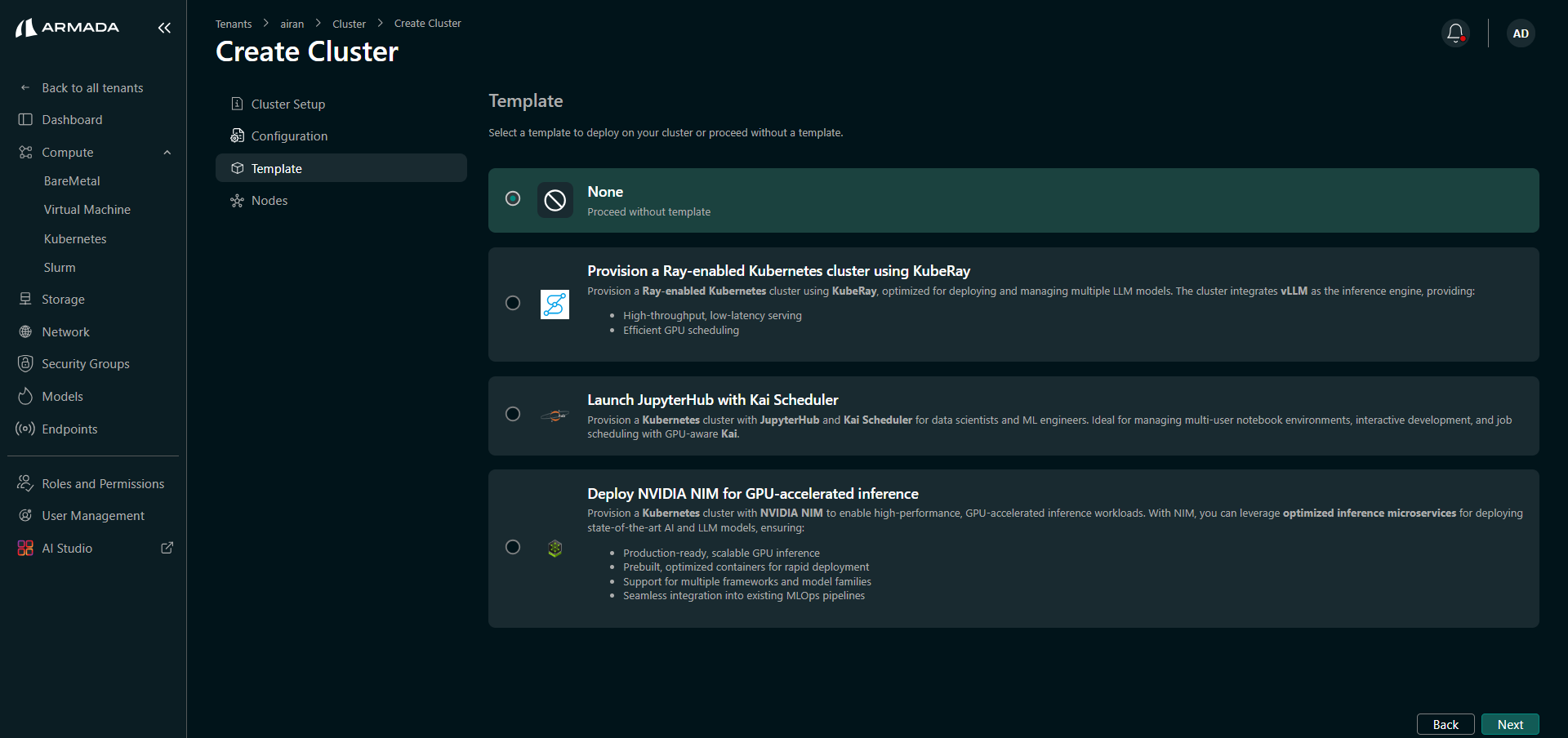 OpenShift cluster template selection