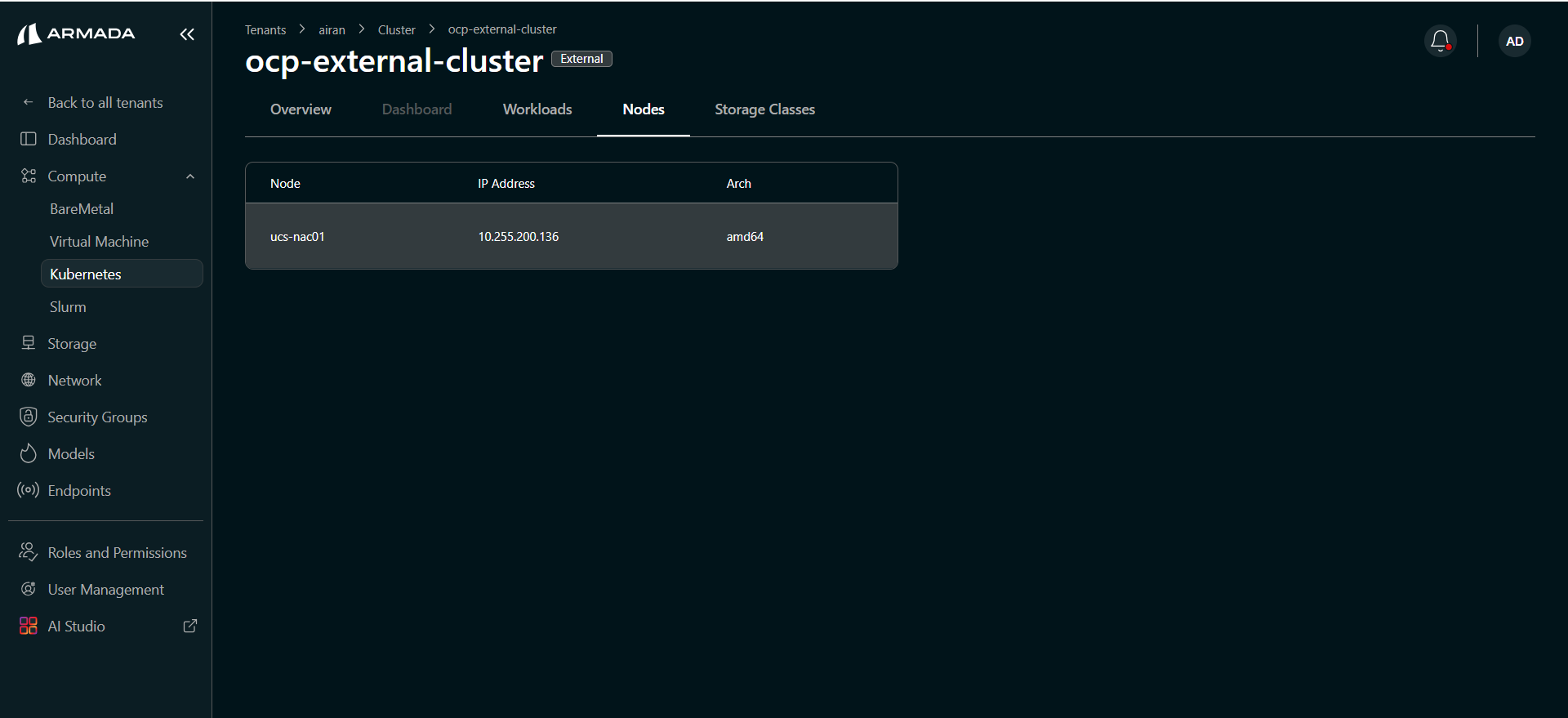External OpenShift cluster — Nodes tab