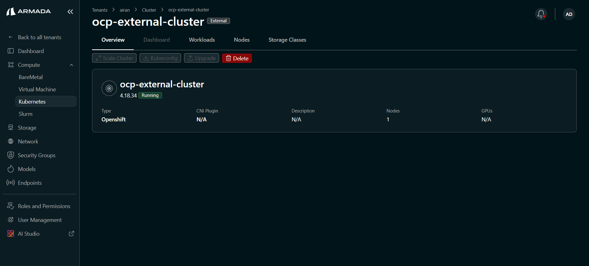 External OpenShift cluster — Overview tab