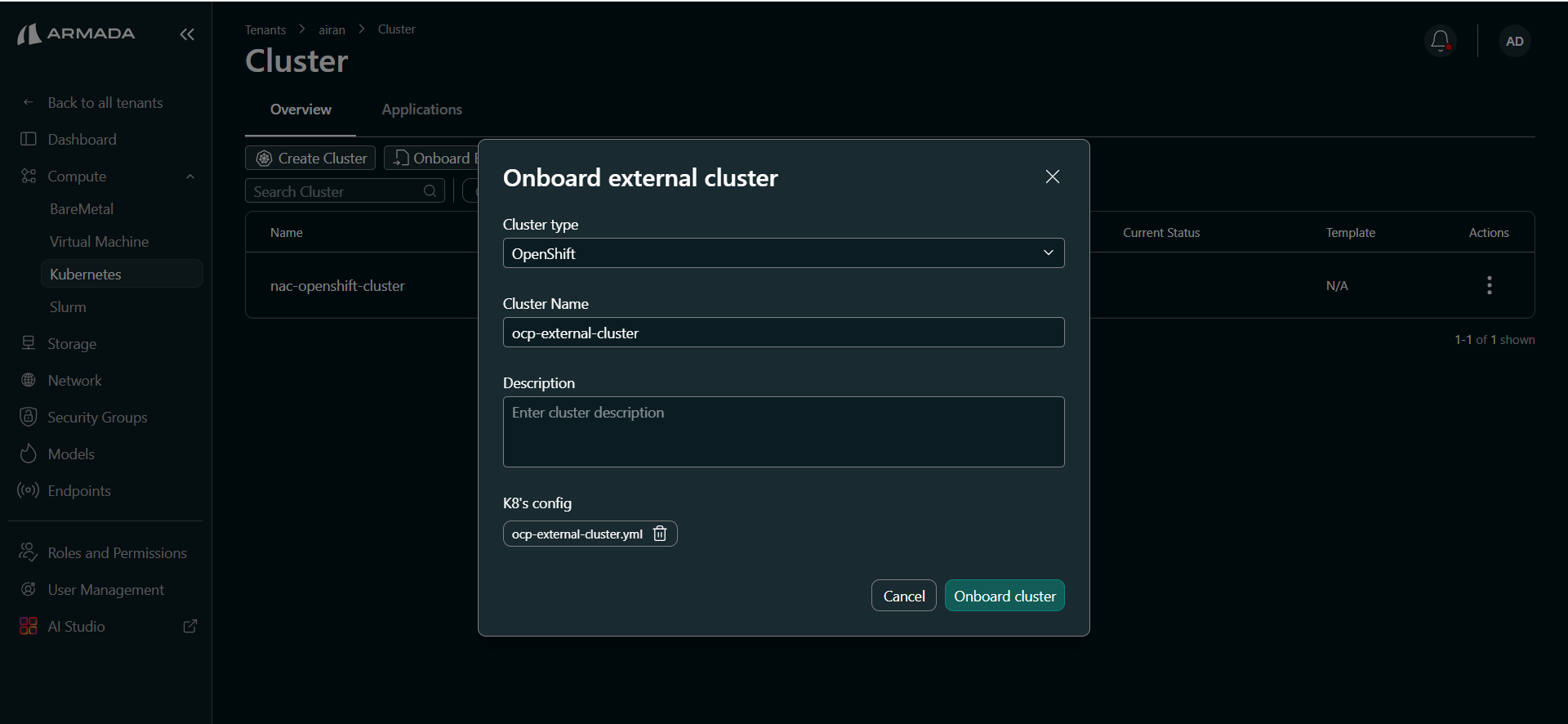 Onboard external OpenShift cluster dialog
