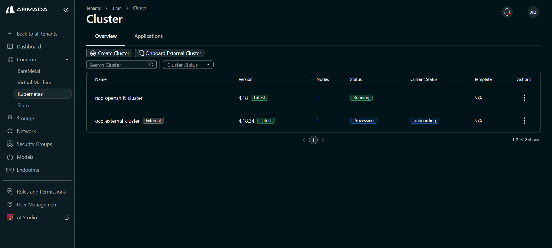 Cluster list showing external OpenShift cluster onboarding