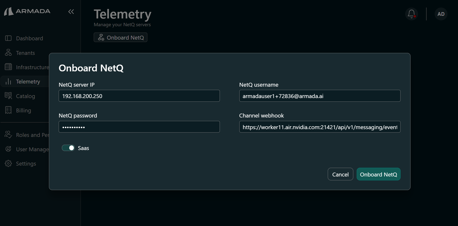 Onboard NetQ — form