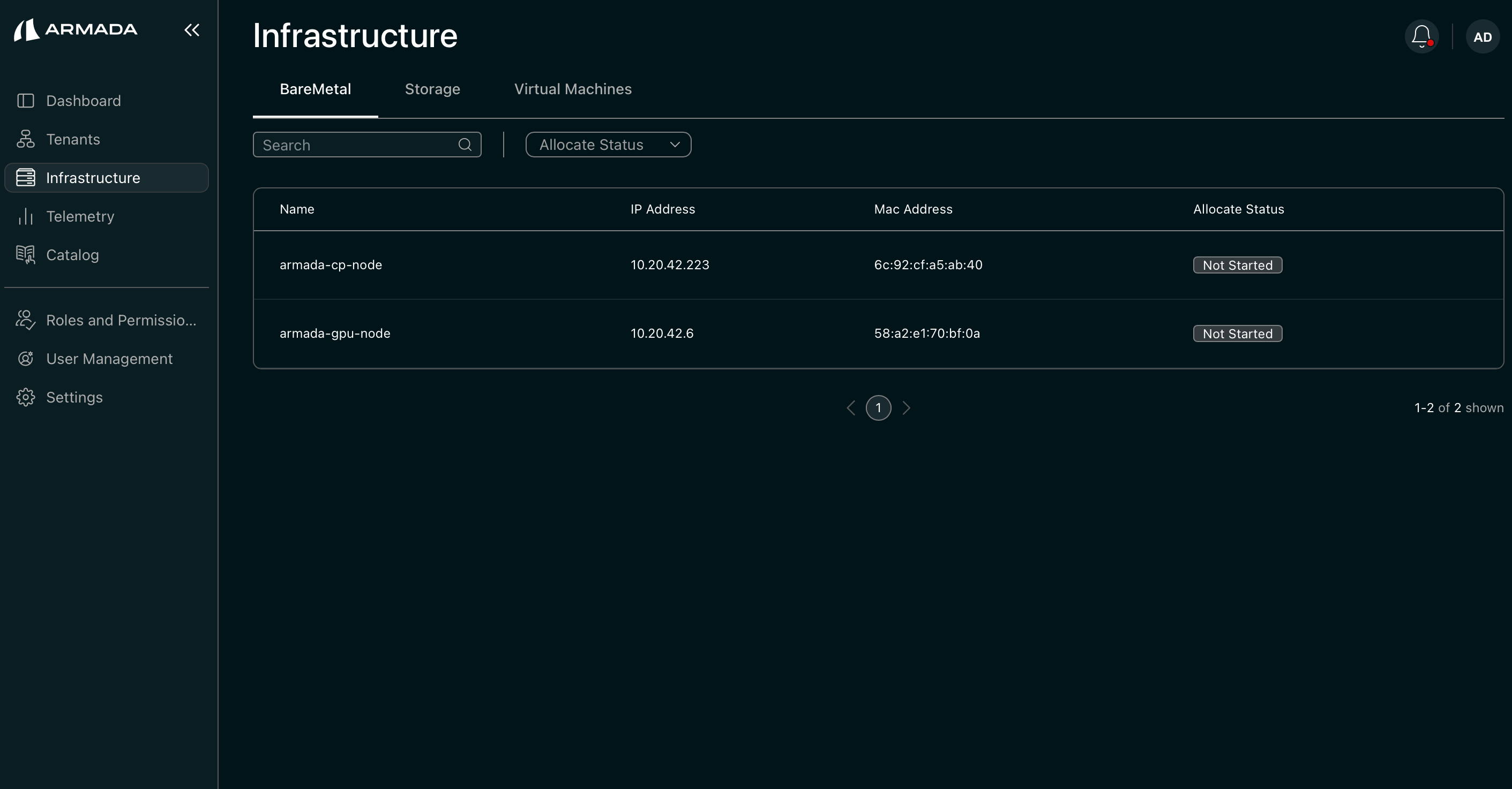Imported servers — Not Started state