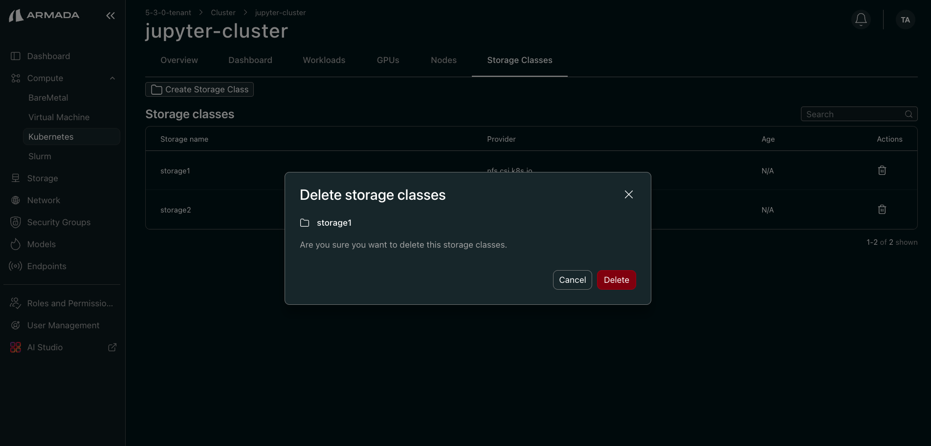 Confirm storage class deletion